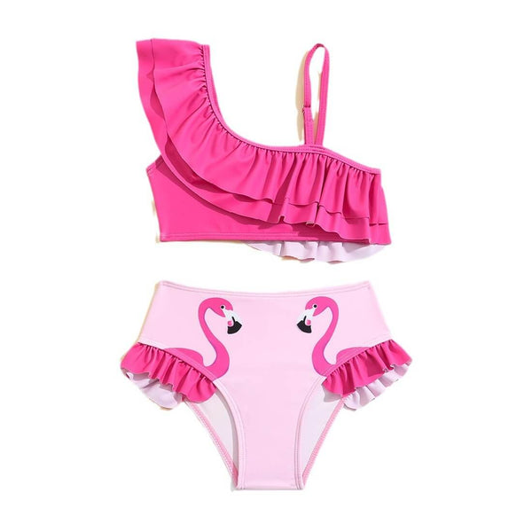 Girls Layered Ruffle Shoulder Flamingo Tankini Two Piece Swimsuit