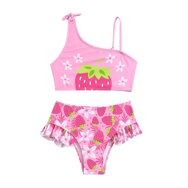 Little Girls Bowknot Shoulder Ruffle Strawberry Two Piece Swimsuit