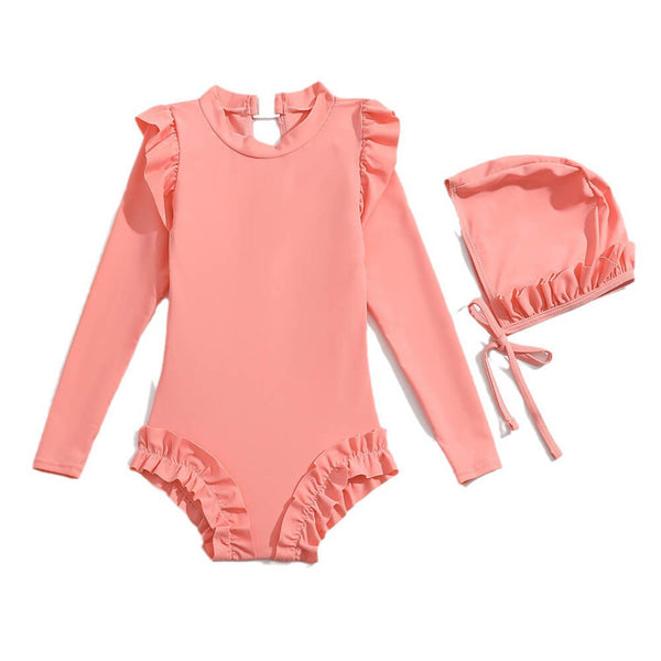Little Girls Ruffle Trim Long Sleeve Surf Swimsuit With Swimming Cap