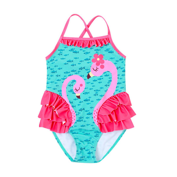 Little Girls Flamingo Print Ruffle Trim One Piece Swimsuit