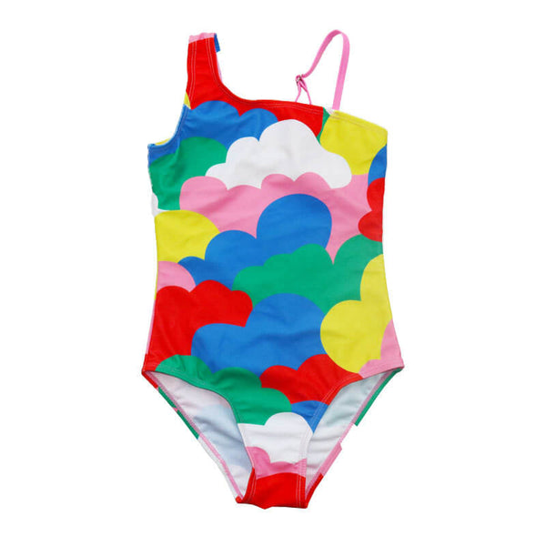 Girls Colorful Clouds Ruffle One Shoulder Tankini Two Piece Swimsuit