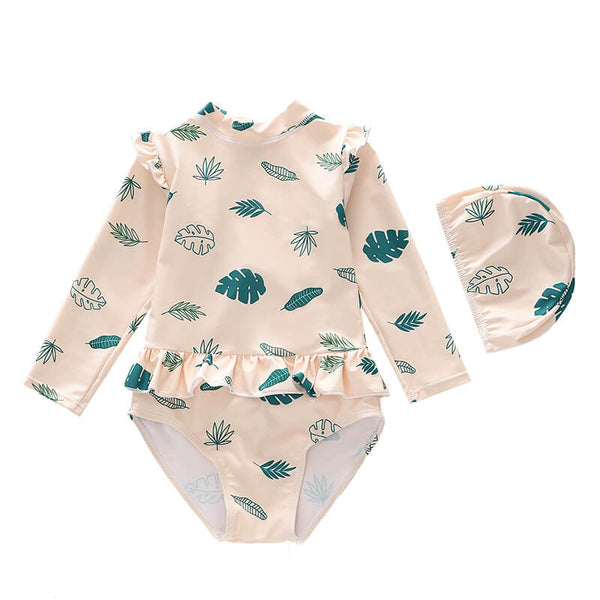 Little Girls Leaves Print Ruffle Detail Long Sleeve Rashguard Swimsuit