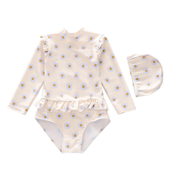 Little Girls Daisy Floral Print Long Sleeve Ruffle Rashguard Swimsuit