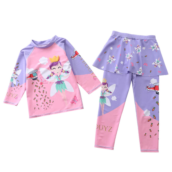 Little Girls Fairy Princess Print Rashguard Pants Two Piece Swimsuit