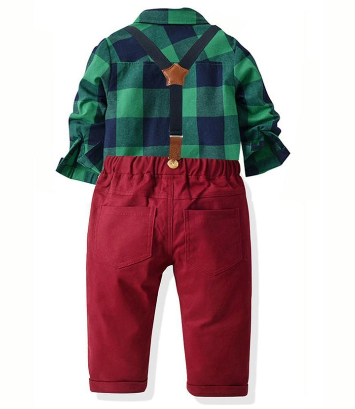 Boys Outfit Set Green Plaid Shirt With Bow Tie Red Suspender Trousers - FADCOCO