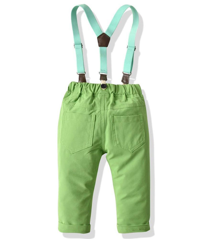 Boys Outfit Set Red Shirt With Bow Tie And Green Suspender Trousers - FADCOCO