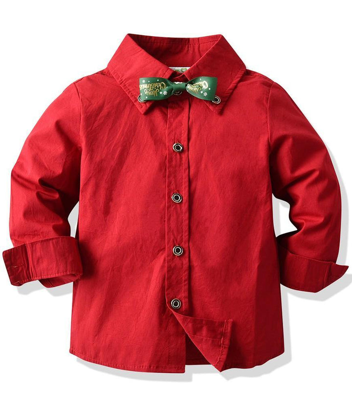 Boys Outfit Set Red Shirt With Bow Tie And Green Suspender Trousers - FADCOCO