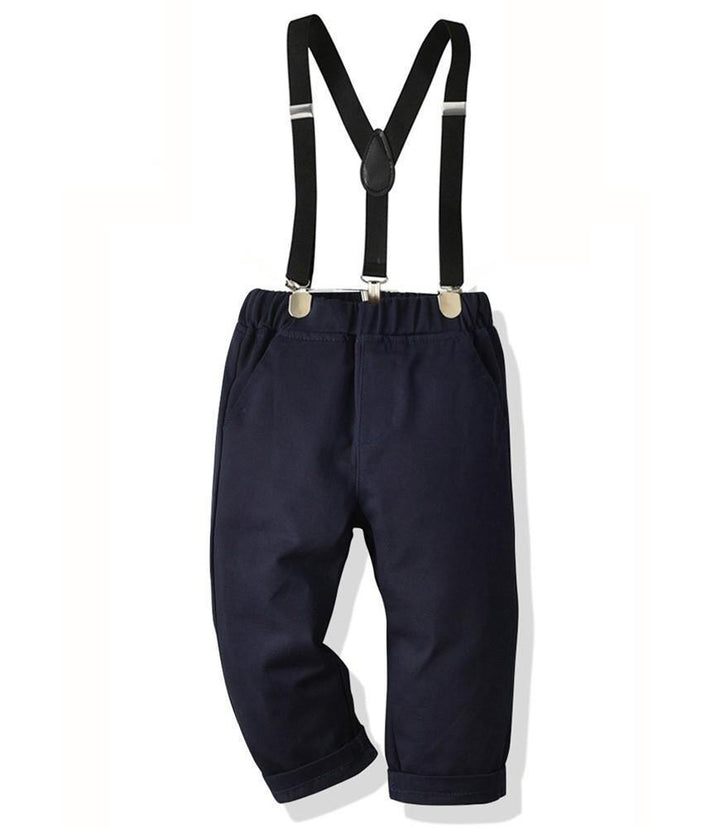 Blue Stripe Cotton Bow Tie Shirt And Suspender Pants Boys Outfit Set - FADCOCO