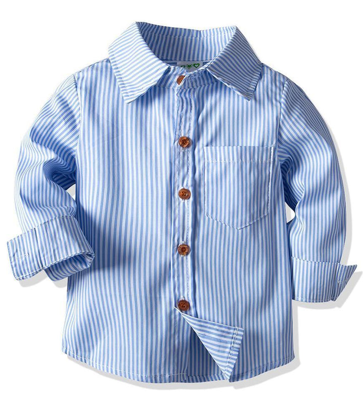 Blue Stripe Cotton Bow Tie Shirt And Suspender Pants Boys Outfit Set - FADCOCO