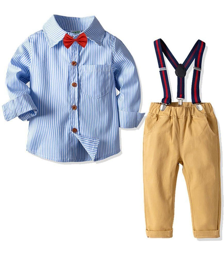 Blue Stripe Cotton Shirt With Red Bow Tie Suspender Pants Boys Outfit