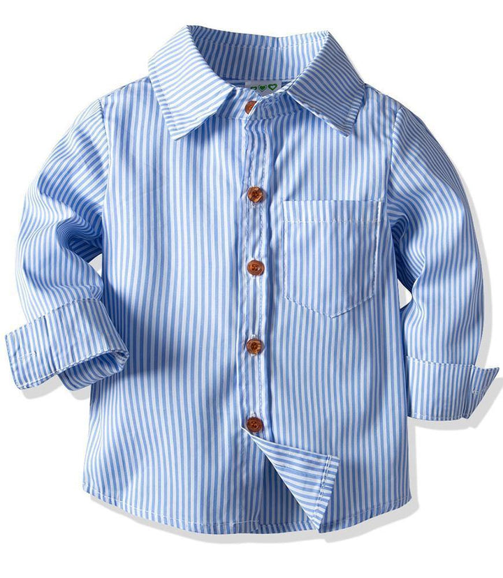 Blue Stripe Cotton Shirt With Red Bow Tie Suspender Pants Boys Outfit - FADCOCO