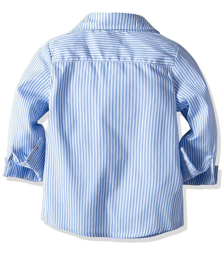 Blue Stripe Cotton Shirt With Red Bow Tie Suspender Pants Boys Outfit - FADCOCO