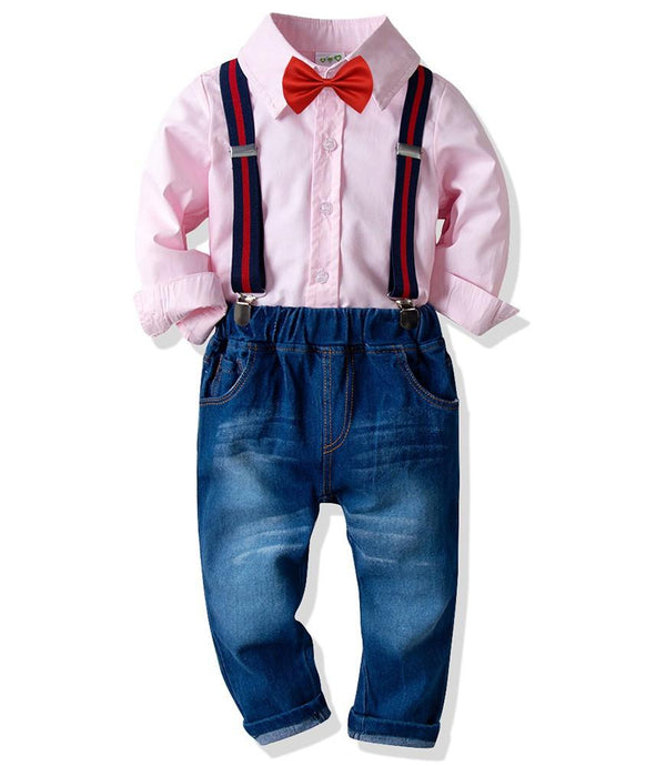 Pink Bow Tie Cotton Shirt And Suspender Jeans Boys Outfit Set