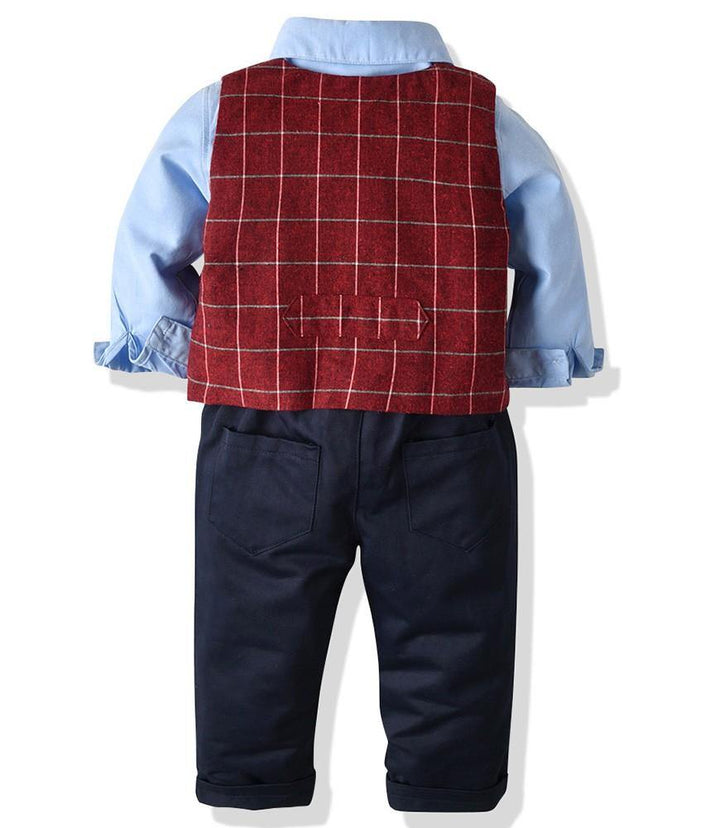 Boys Outfit Set Cotton Shirt Bow Tie Red Checked Waistcoat And Pants - FADCOCO