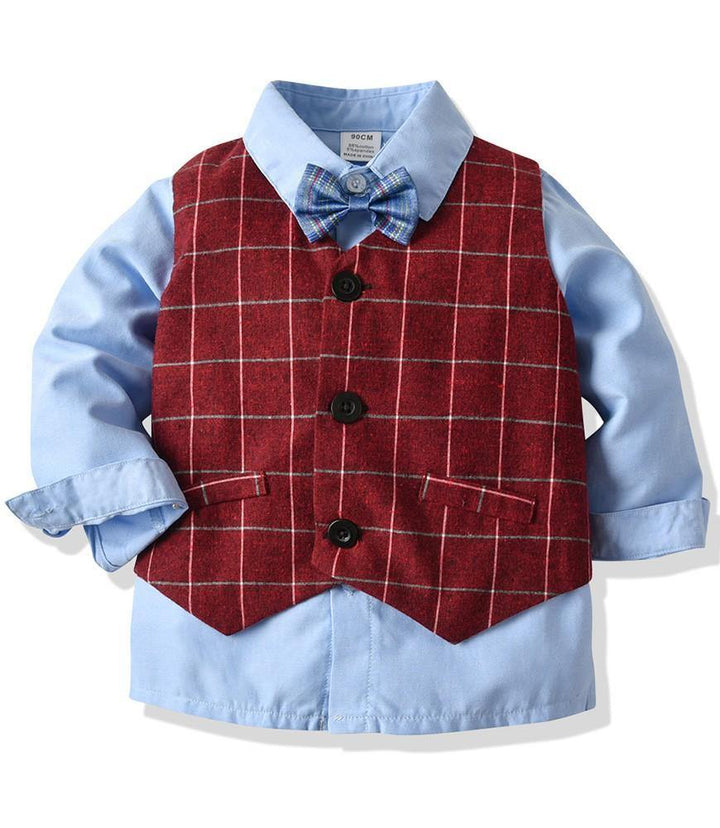 Boys Outfit Set Cotton Shirt Bow Tie Red Checked Waistcoat And Pants - FADCOCO