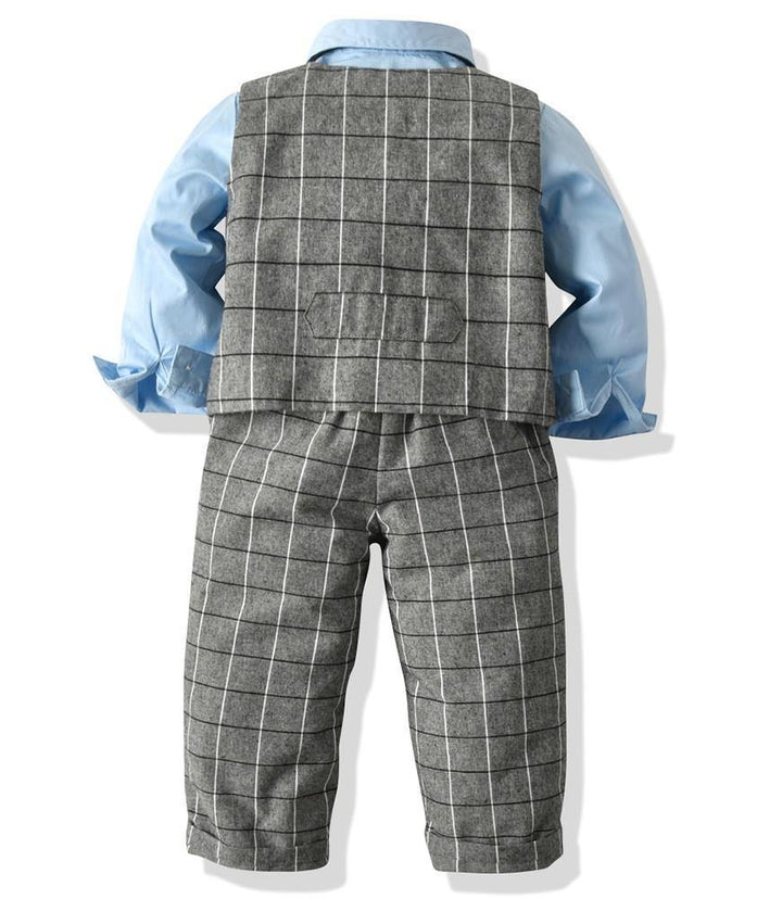 Boys Outfit Set Cotton Shirt Grey Checked Waistcoat And Pants Suit - FADCOCO