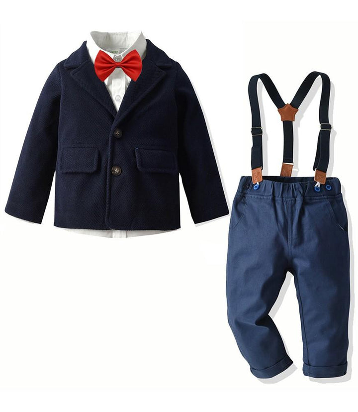 Boys Suit Blue Blazer White Shirt And Suspender Pants 4 Pieces Outfit
