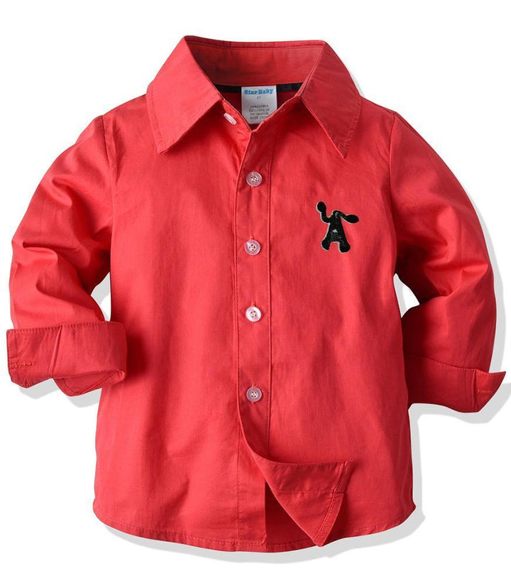 Boys Red Cotton Shirt With Bow Tie And Suspender Pants Outfit Set - FADCOCO