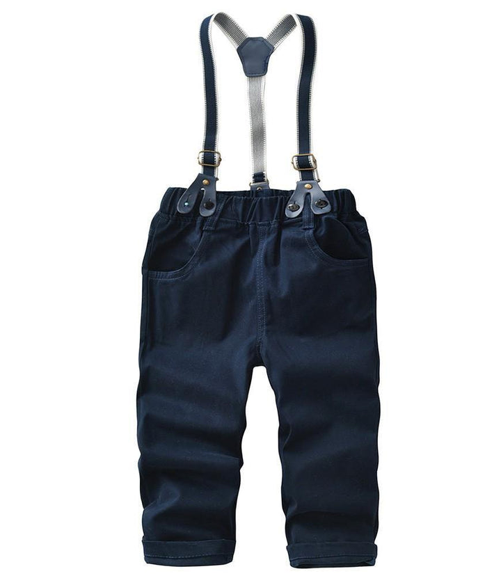 Boys Blue Cotton Plaid Shirt With Bow Tie N Suspender Pants Outfit Set - FADCOCO