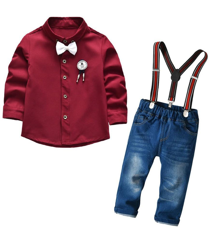 Dark Red Cotton Shirt With Bow Tie And Suspender Jeans Boys Outfit Set