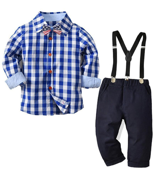 Blue Cotton Plaid Shirt And Metallic Suspender Pants Outfit Set