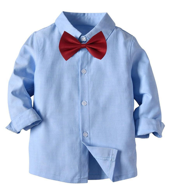 Boys Outfit Set Blue Cotton Shirt With Bow Tie And Suspender Pants - FADCOCO