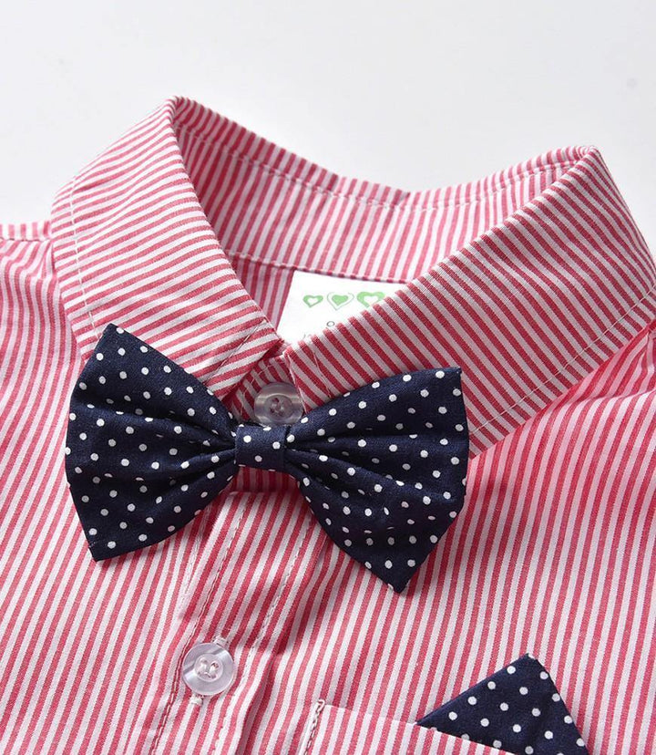 Boys Outfit Set Pink Cotton Shirt With Bow Tie N Khaki Suspender Pants - FADCOCO
