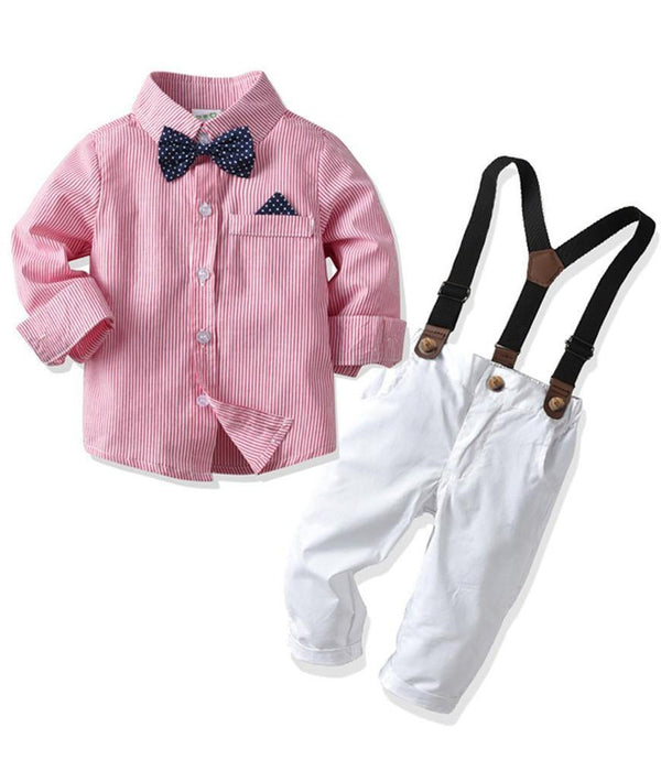Boys Pink Cotton Shirt With Bow Tie N White Suspender Pants Outfit Set