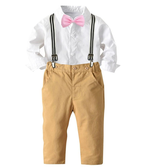 Boys White Bow-Tie Cotton Shirt And Khaki Suspender Pants Outfit Set