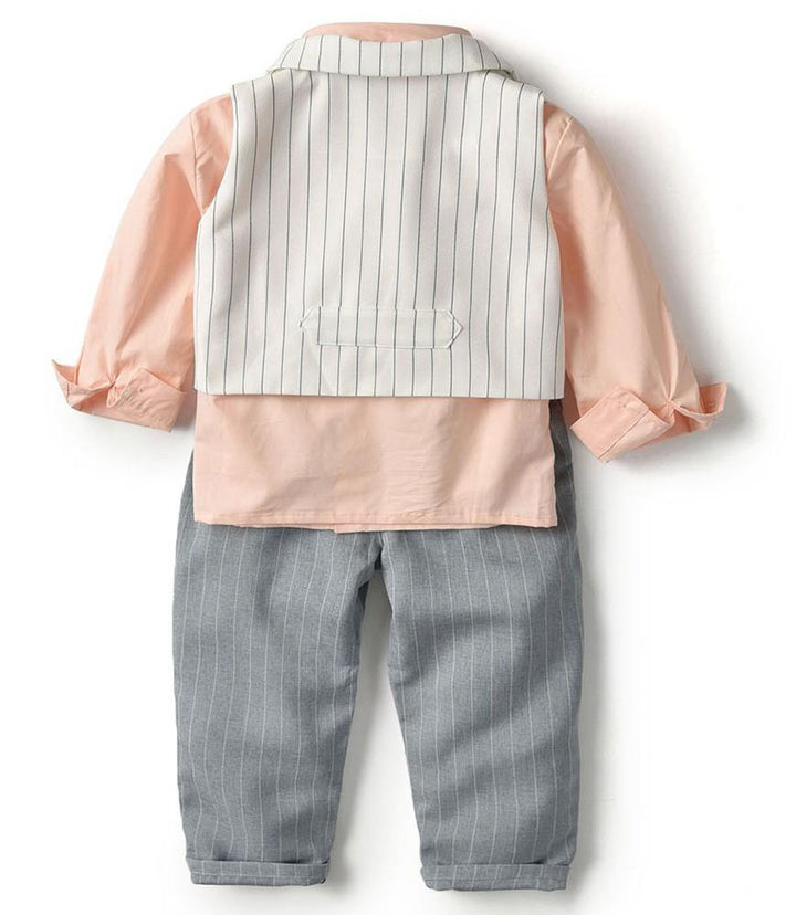 Boys Pink Cotton Shirt White Stripe Vest And Grey Pants Outfit Set - FADCOCO
