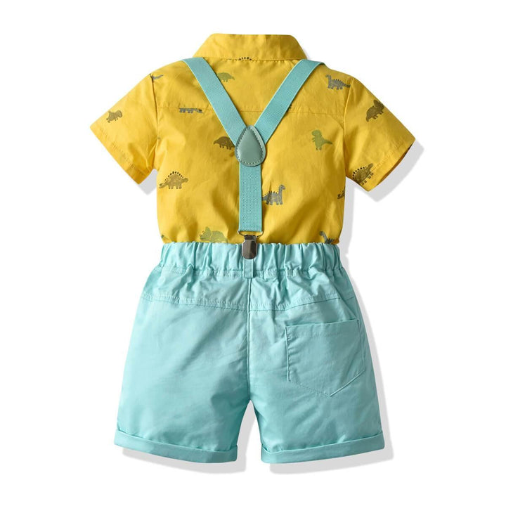 Boys Yellow Dinosaur Shirt With Bowtie And Blue Shorts 4-Set Suits - FADCOCO