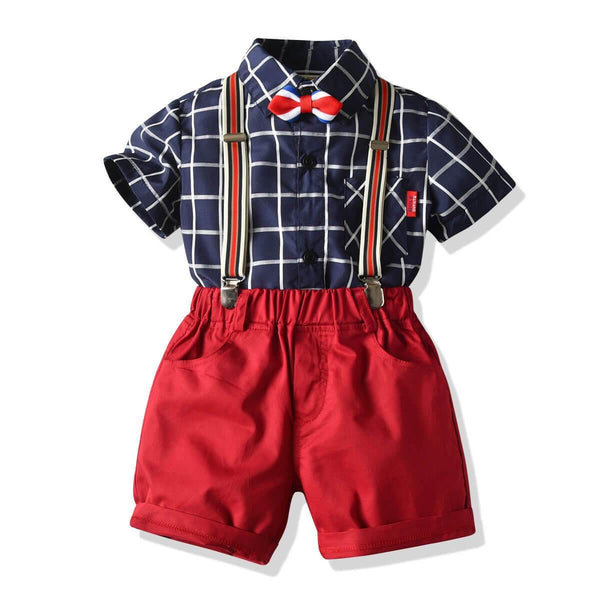 Baby Boys Blue Plaid Shirt With Bowtie Red Suspender Shorts Suits