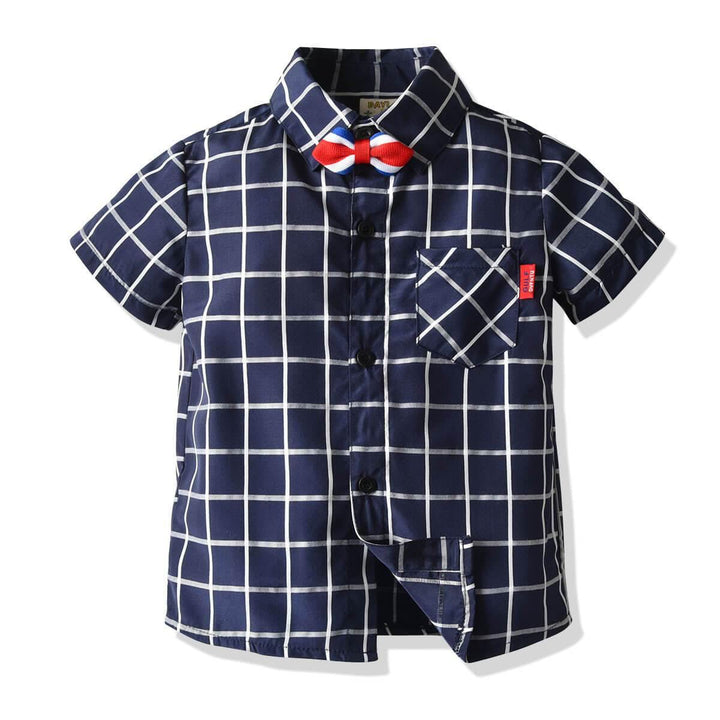 Baby Boys Blue Plaid Shirt With Bowtie Red Suspender Shorts Suits - FADCOCO