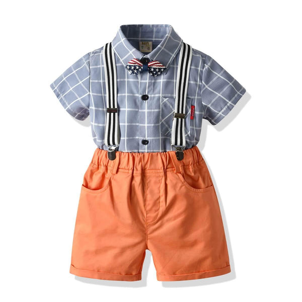 Baby Boys Light Blue Shirt With Bowtie Suspender Shorts 4-Set Suits