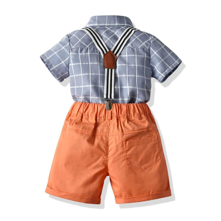Baby Boys Light Blue Shirt With Bowtie Suspender Shorts 4-Set Suits - FADCOCO