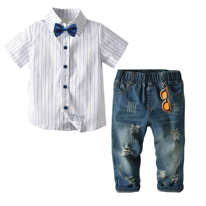 Baby Boys White Stripe Short Sleeve Shirt Bowtie Ripped Jeans Suits