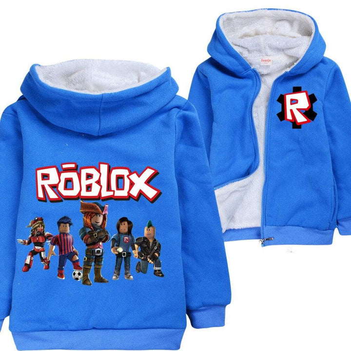 Boys Roblox Game Print Blue Zip Up Fleece Up Winter Cotton Hoodie