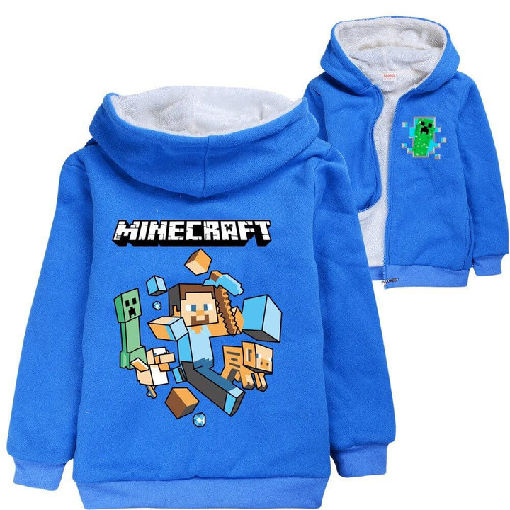 Minecraft Print Boys Fleece Lined Winter Cotton Zip Up Hoodie Blue