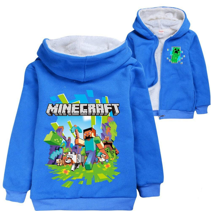 Minecraft Print Boys Blue Zip Up Fleece Lined Winter Cotton Hoodie