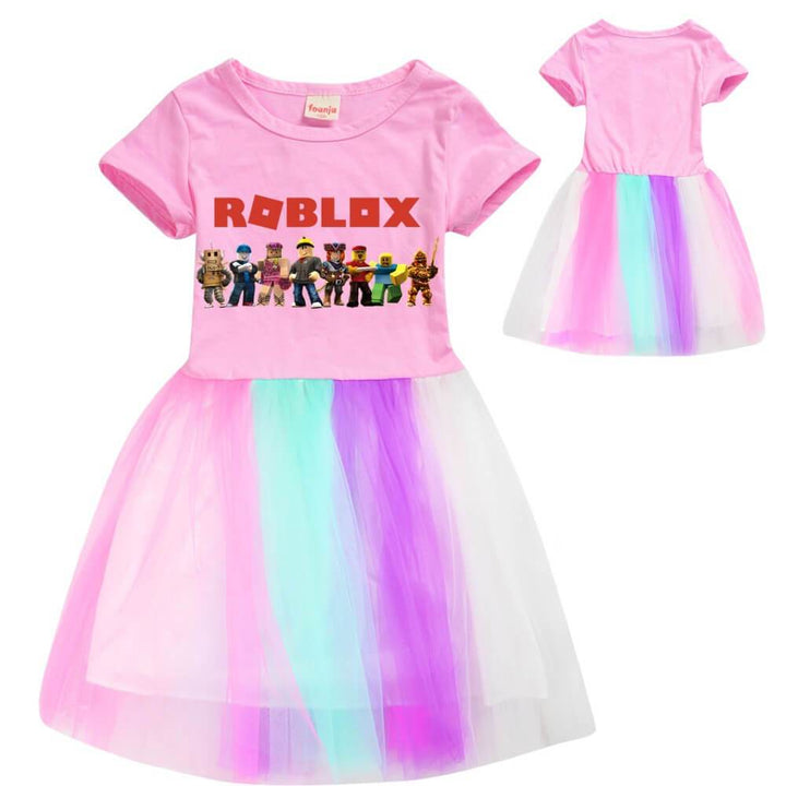 Roblox Print Girls Pink Short Sleeve Cotton Top Rainbow Tulle Dress