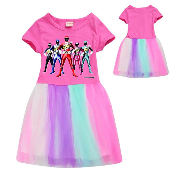 Power Ranger Print Girls Pink Cotton Rainbow Tulle Short Sleeve Dress