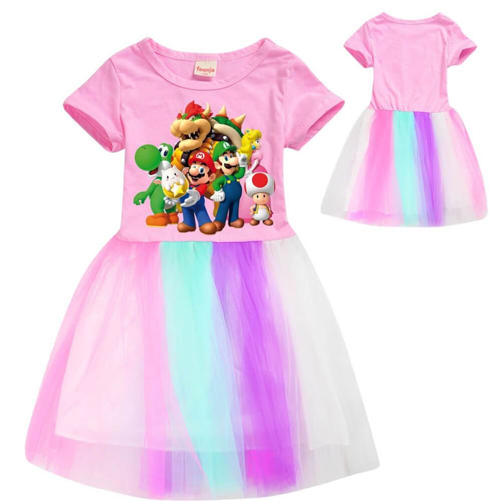 Super Mario Print Girls Cotton Top Rainbow Tulle Short Sleeve Dress