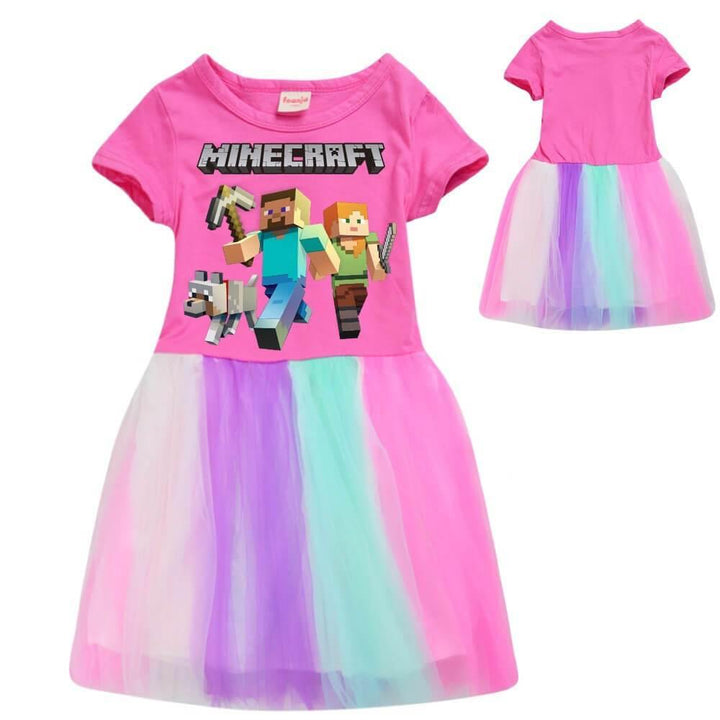 Minecraft Print Girls Pink Cotton Top Short Sleeve Rainbow Tulle Dress