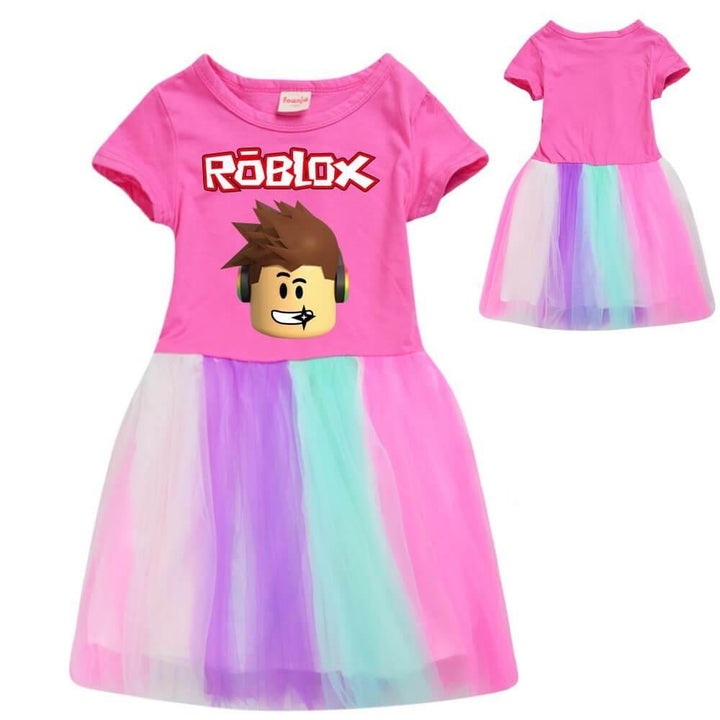 Roblox Print Girls Pink Cotton Top Short Sleeve Rainbow Tulle Dress