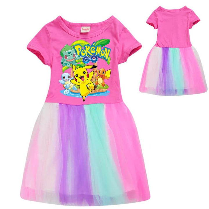 Pokemon Go Pikachu Print Girls Pink Cotton Top Rainbow Tulle Dress