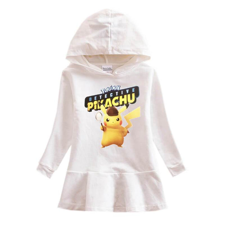 Girls Pokemon Detective Pikachu Print Hooded Long Sleeve Frill Dress