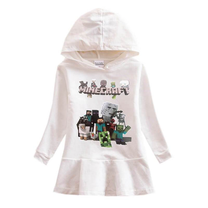 Girls Minecraft Print Long Sleeve Frill Hooded Sweatshirt Cotton Dress
