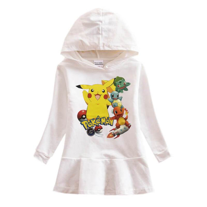 Girls Pokemon Pikachu Print Long Sleeve Hooded Frill Hem Cotton Dress