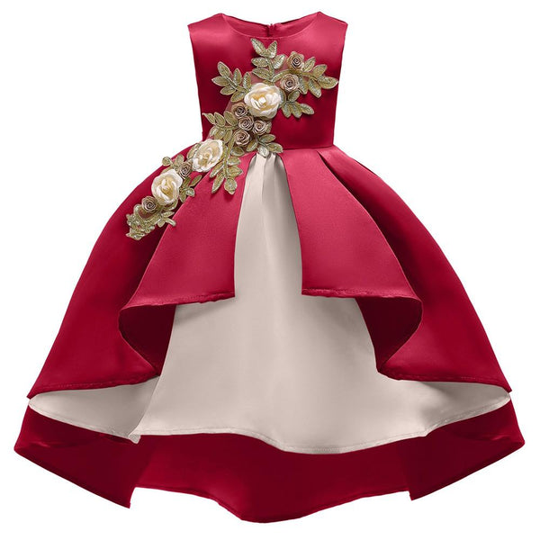 Red Applique Flower Girls Sleeveless Bowknot Birthday Party Gown Dress