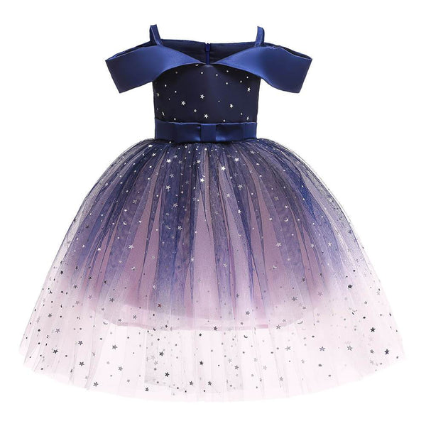 Girls Dark Blue Off The Shoulder Sequin Tulle Formal Gowns Party Dress
